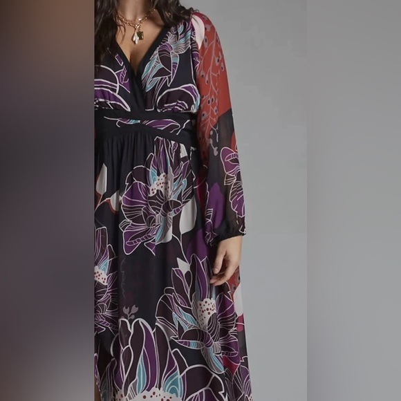 Anthropologie Let Me Be Floral Midi Dress Bold Print Purple Black SIZE MEDIUM - Picture 3 of 14